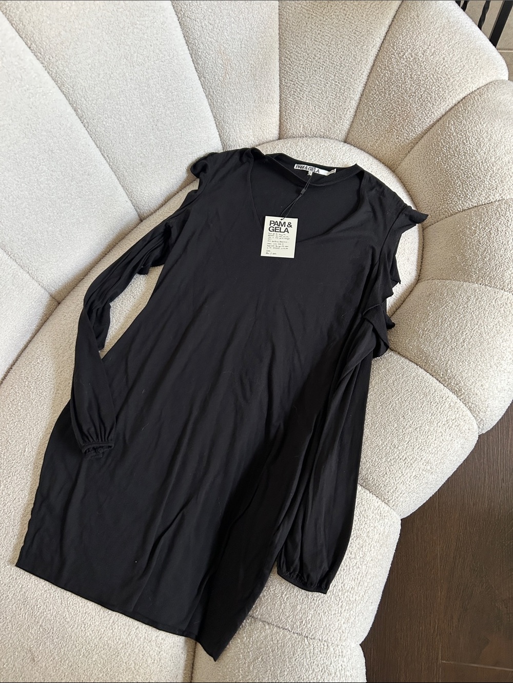 Pam & Gela Black Ruffle-Shoulder Long Sleeve Dress